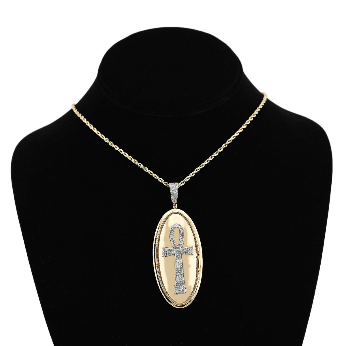 10k Yellow Gold Ankh Cross Oval Shape Pendant 0.65CTW Natural Diamond Religious Charm 15.6g