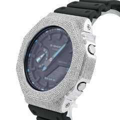 Casio G-Shock GA-2100 4.6 CT Natural Diamond White Iced Out Bezel Black Dial Band Watch