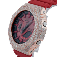 Casio G-Shock GA-2100 4.6 CT Natural Diamond Rose Iced Out Red Watch