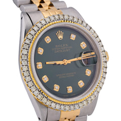 Mens 36MM Rolex Datejust 2.5CTW Natural Diamond Dial/Bezel Dark Green Face 10k Gold/SS Jubilee Band Watch