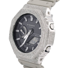 Casio G-Shock GA-2100 4.6 CT Natural Diamond White Iced Out Bezel Gray Band Watch