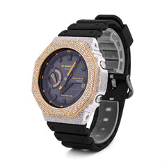 Casio G-Shock GA-2100 4.6 CT Natural Diamond Two-Tone Iced Out Yellow / White Bezel Black Dial Watch