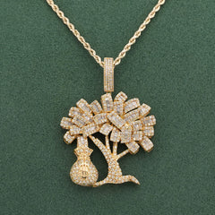 10k Yellow Gold Money Tree/ Money Bag Charm 3CTW Round/Baguette Natural Diamond Mens Pendant 12g