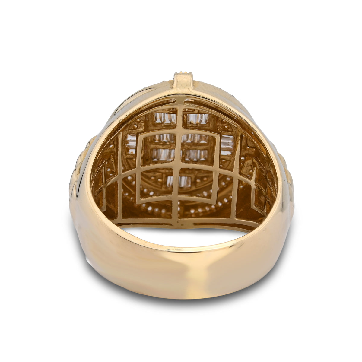 Round Halo Rectangular Centre Baguette 1.5CTW Natural Diamond 14k Gold Mens Pinky Ring 11.8g