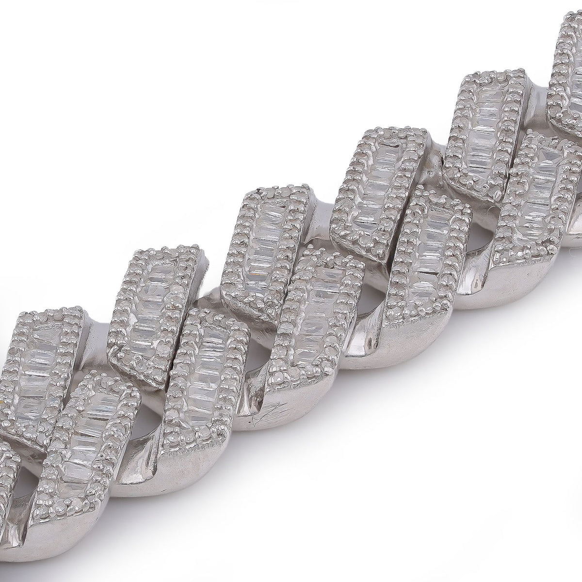 12MM 925 Sterling Silver Rectangular Cuban Link 5.625CTW Baguette/Round Natural Diamond 8" Mens Bracelet 43.8g