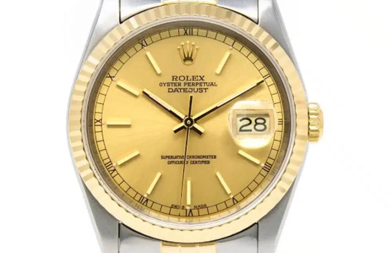 Rolex Datejust 36 Champagne Stick Dial on Generic Black Leather Strap Ref. 16233 Service Card 2018