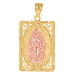 10kt Gold Two-Tone Diamond-Cut Unisex Guadalupe Mary Rectangular Religious Charm Pendant