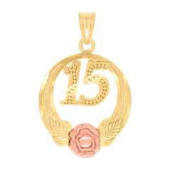 10kt Tri-Color Gold Unisex Diamond-Cut 15 Anos Flower Charm Pendant