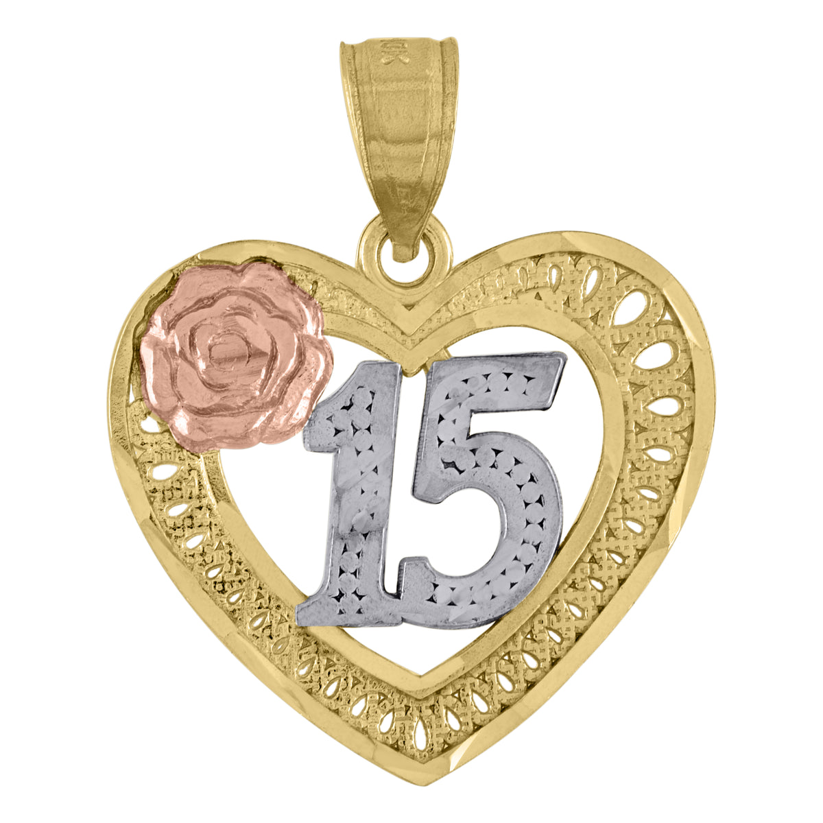 10kt Tri-Color Gold Unisex Diamond-Cut 15 Anos Flower Heart Charm Pendant