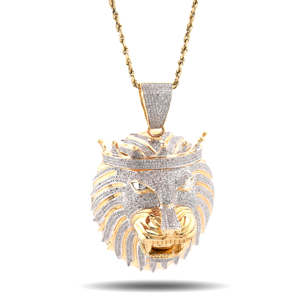 Mens Lion Head w/ Crown 4CTW Natural Diamond 10k Yellow Gold Charm Pendant 40.3gms