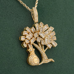 10k Yellow Gold Money Tree/ Money Bag Charm 3CTW Round/Baguette Natural Diamond Mens Pendant 12g