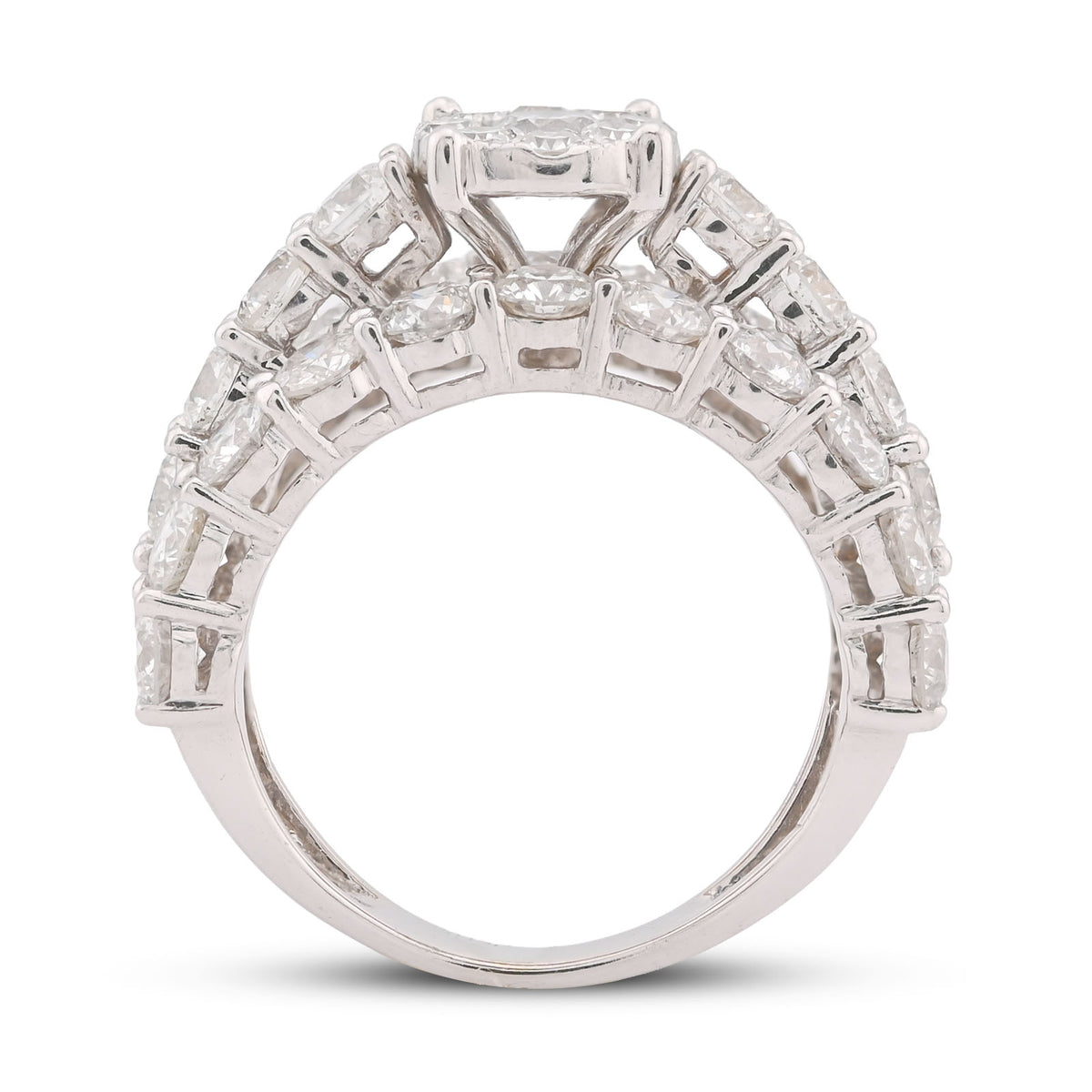 14K White Gold 4.8CTW Natural Diamond Round Centre 3 Row Womens Engagement Ring 6.8gms