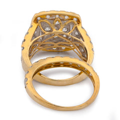 Square Shape Flower Cluster Halo 2 Row Natural Diamond 3.84CTW Womens Ring w/ Band 14k Yellow Gold 7.4gms