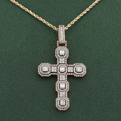 10k Yellow Gold 6.75CTW Block Cross Pendant Round/Baguette Natural Diamond Religious Charm 9.9gm