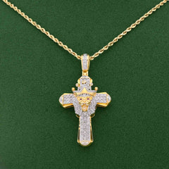 Mens 10k Yellow Gold 1CTW Natural Diamond Cross Pendant Lion Face w/ Crown Centre Pendant 6.6gm