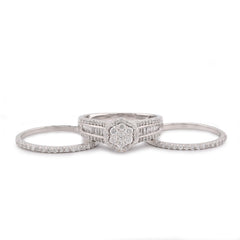 14K White Gold 1CTW Natural Diamond Flower Cluster Centre Halo Baguette Womens Wedding Ring w/ Band 5.6g