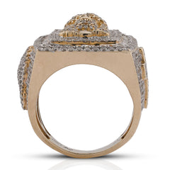 10k Yellow Gold Rectangular Shape Jesus Head w/ Cross Baguette 7.5CT Natural Diamond Mens Ring 14.9g