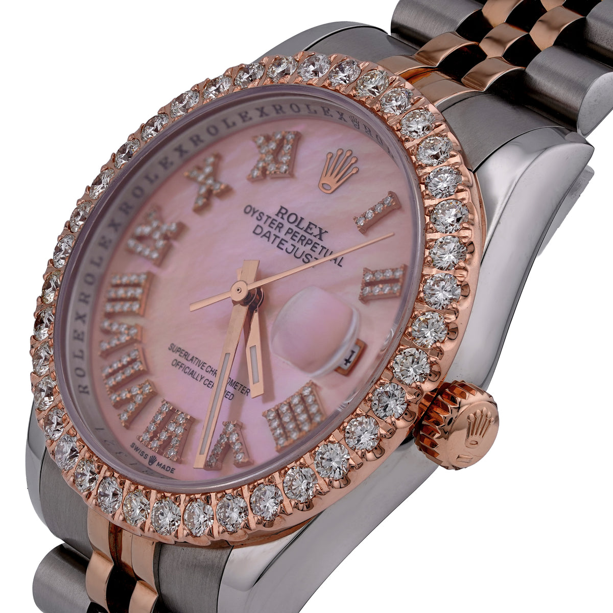 Mens 36MM Rolex Datejust 10k Gold/SS Pink MOP Face 3CTW Natural Diamond Bezel Jubilee Band Hidden Clasp Watch