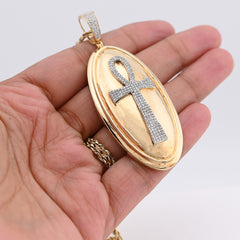 10k Yellow Gold Ankh Cross Oval Shape Pendant 0.65CTW Natural Diamond Religious Charm 15.6g
