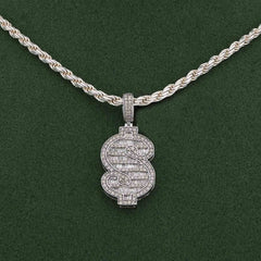 10k White Gold Dollar Sign "$" Shape 1.25CTW Natural Diamond Baguette/Round Pendant Charm 3.4g
