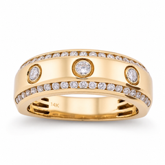 14k Yellow Gold 3 Stone Centre 2 Row Edge Lab Diamond Mens Ring Band 7.6gm