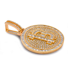 Mens 10k Yellow Gold Bitcoin 6.5CTW Natural Diamond Pendant Baguette/Round Charm 17.5gm