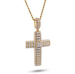 10k Yellow Gold Multi Row/Column Natural Diamond Illusion 2CTW Cross Charm Pendant 13.8gms