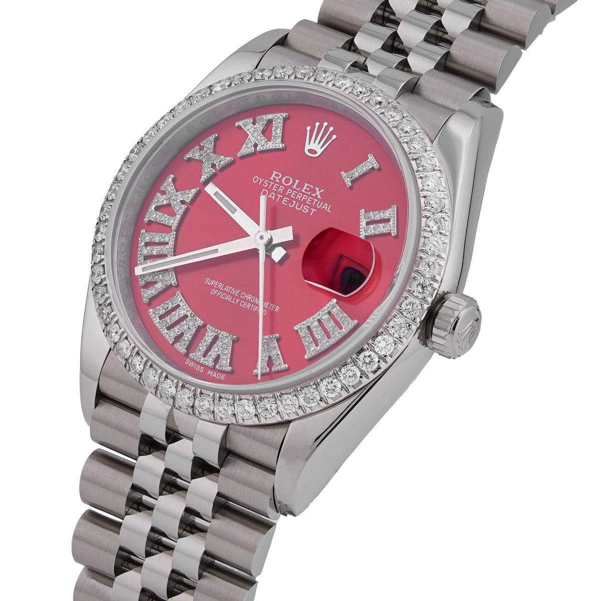 36MM All Steel White Rolex Datejust Red Face Roman Numeral Diamond Dial/Bezel 2.5CTW Jubilee Band Watch