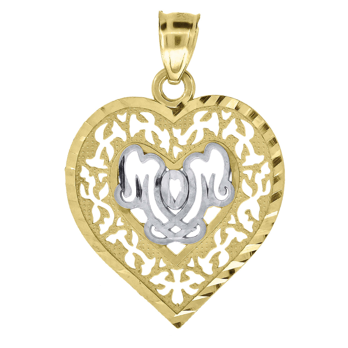 10kt Gold Two-Tone Diamond-Cut Womens Mom Heart Charm Pendant