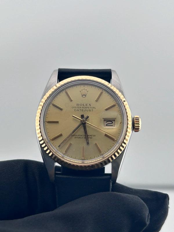 Rolex Datejust 36 Champagne Stick Dial on Generic Black Leather Band Ref. 16013