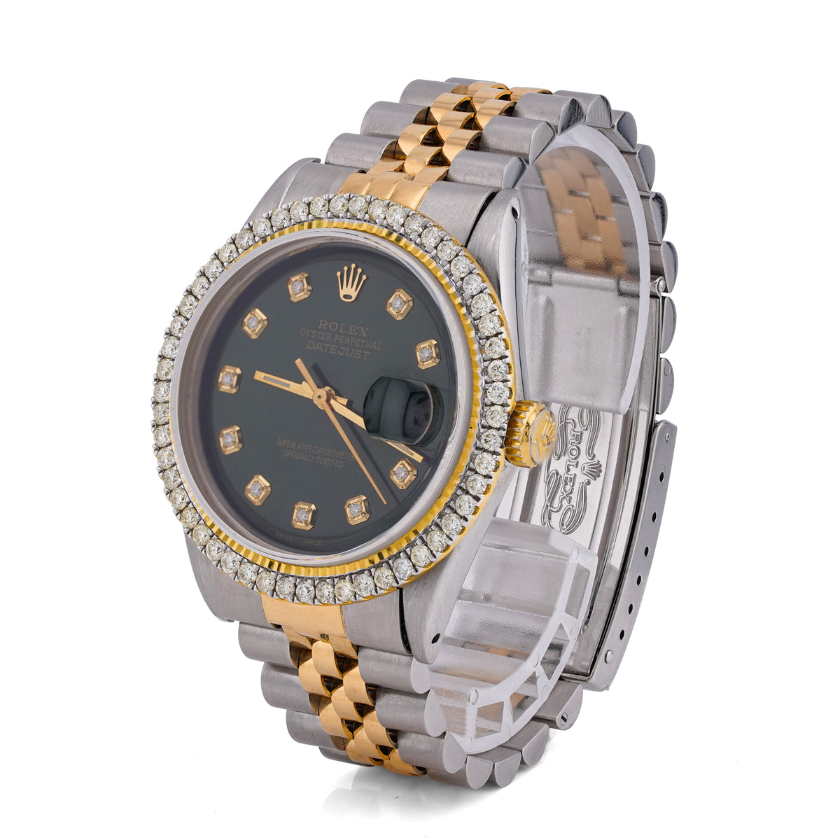 Mens 36MM Rolex Datejust 2.5CTW Natural Diamond Dial/Bezel Dark Green Face 10k Gold/SS Jubilee Band Watch