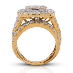 Square Shape Flower Cluster Halo 2 Row Natural Diamond 3.84CTW Womens Ring w/ Band 14k Yellow Gold 7.4gms
