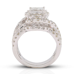 14k White Gold 3.13CTW Natural Diamond Halo Flower Cluster Centre Princess Cut Womens Ring w/ Band 6.6g
