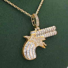 10k Gold Cowboy Gun 4.5CTW Natural Diamond Pendant Baguette Mens Charm 8.8g