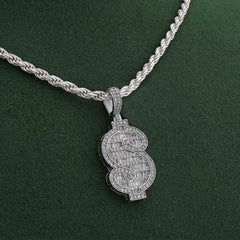 10k White Gold Dollar Sign "$" Shape 1.25CTW Natural Diamond Baguette/Round Pendant Charm 3.4g