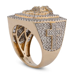 10k Yellow Gold Rectangular Shape Jesus Head w/ Cross Baguette 7.5CT Natural Diamond Mens Ring 14.9g