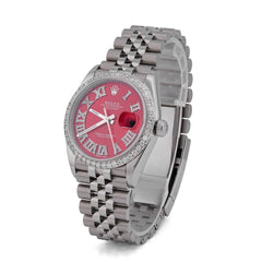 36MM All Steel White Rolex Datejust Red Face Roman Numeral Diamond Dial/Bezel 2.5CTW Jubilee Band Watch