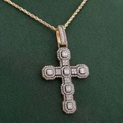 10k Yellow Gold 6.75CTW Block Cross Pendant Round/Baguette Natural Diamond Religious Charm 9.9gm