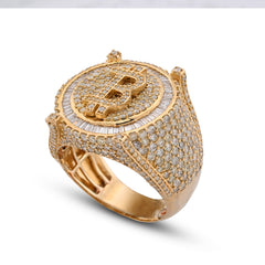 Mens Bitcoin 4.5CTW Natural Diamond 10k Gold Halo Baguette Pinky Ring 16.2gms