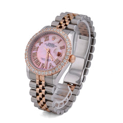 Mens 36MM Rolex Datejust 10k Gold/SS Pink MOP Face 3CTW Natural Diamond Bezel Jubilee Band Hidden Clasp Watch