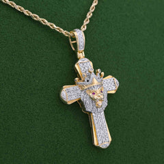 Mens 10k Yellow Gold 1CTW Natural Diamond Cross Pendant Lion Face w/ Crown Centre Pendant 6.6gm