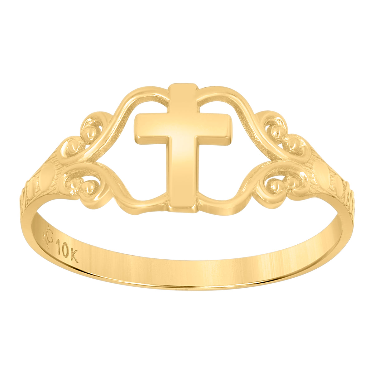 10Kt Two-Tone Gold Childrens Polished Finish Cross Religious Ring