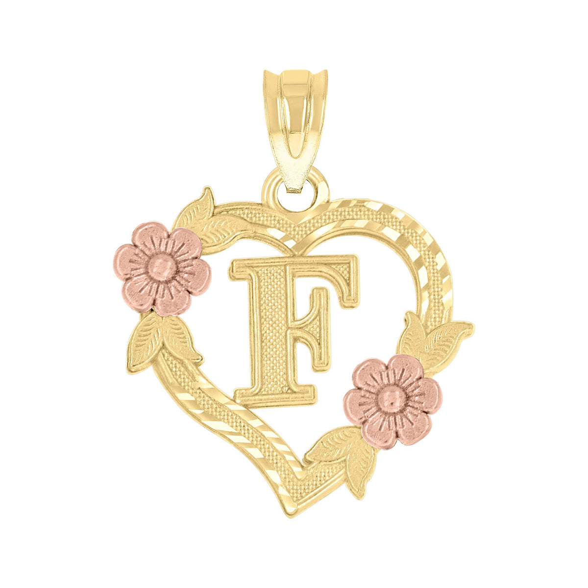 10kt Two-Tone Gold Womens Heart Flower Initial Letter F Charm Pendant