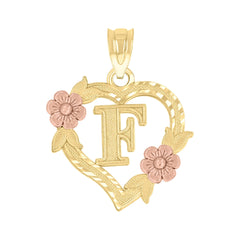 10kt Two-Tone Gold Womens Heart Flower Initial Letter F Charm Pendant