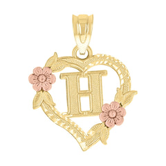 10kt Two-Tone Gold Womens Heart Flower Initial Letter H Charm Pendant