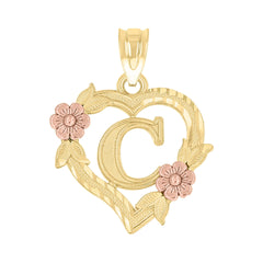10kt Two-Tone Gold Womens Heart Flower Initial Letter C Charm Pendant