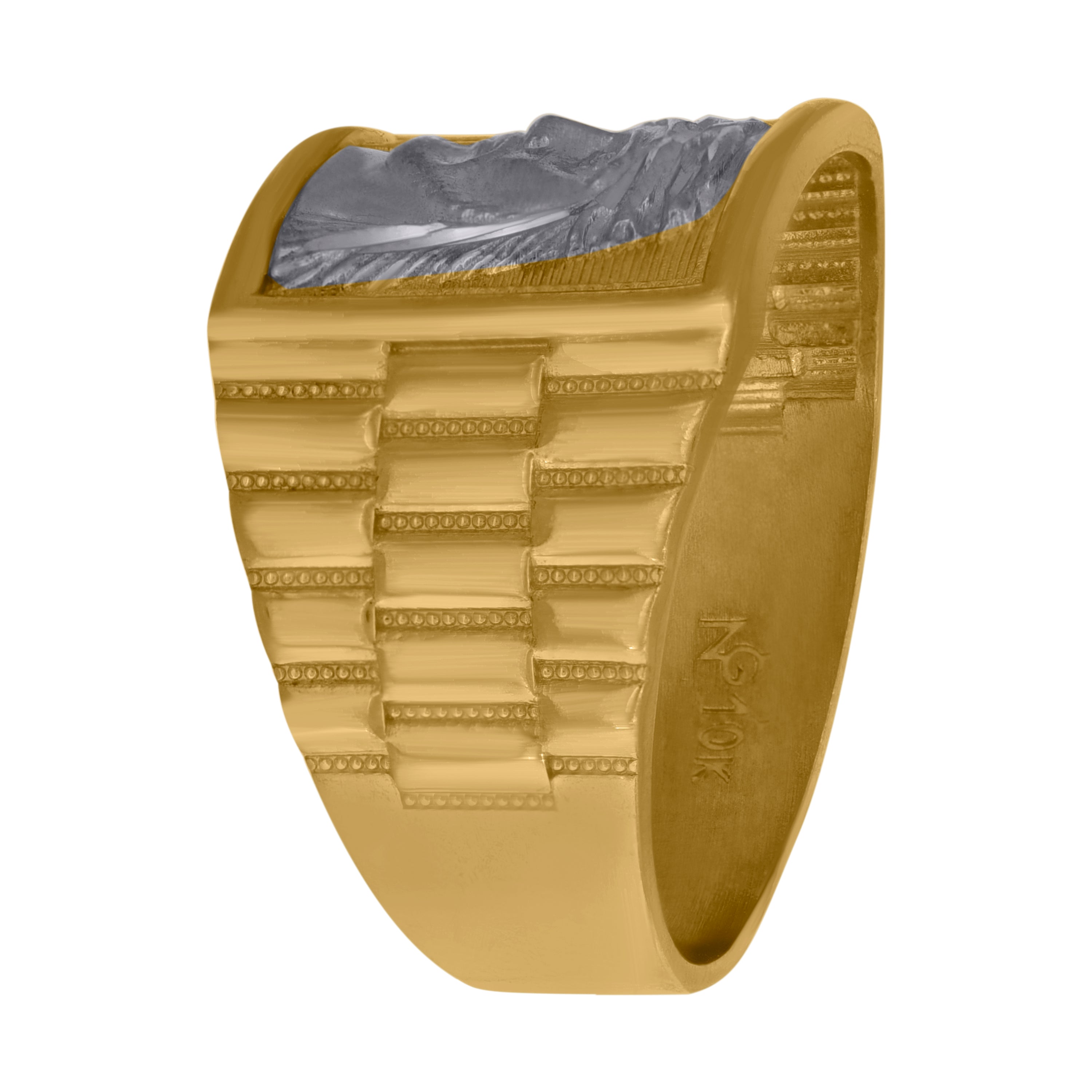 10kt Two-Tone Gold Mens Diamond-Cut Textured Initial Letter F Band Ring