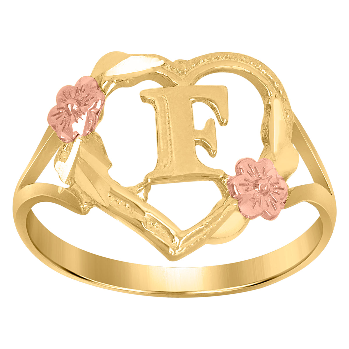 10Kt Two-Tone Gold Womens Dc Textured Initial Letter F Heart Band Ring