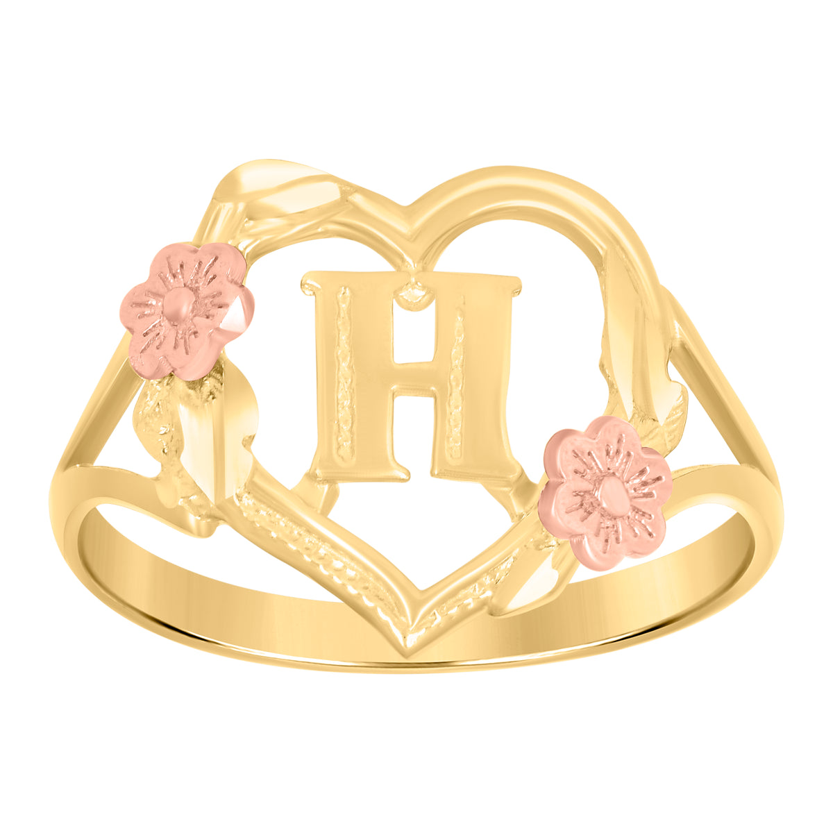 10Kt Two-Tone Gold Womens Dc Textured Initial Letter H Heart Band Ring