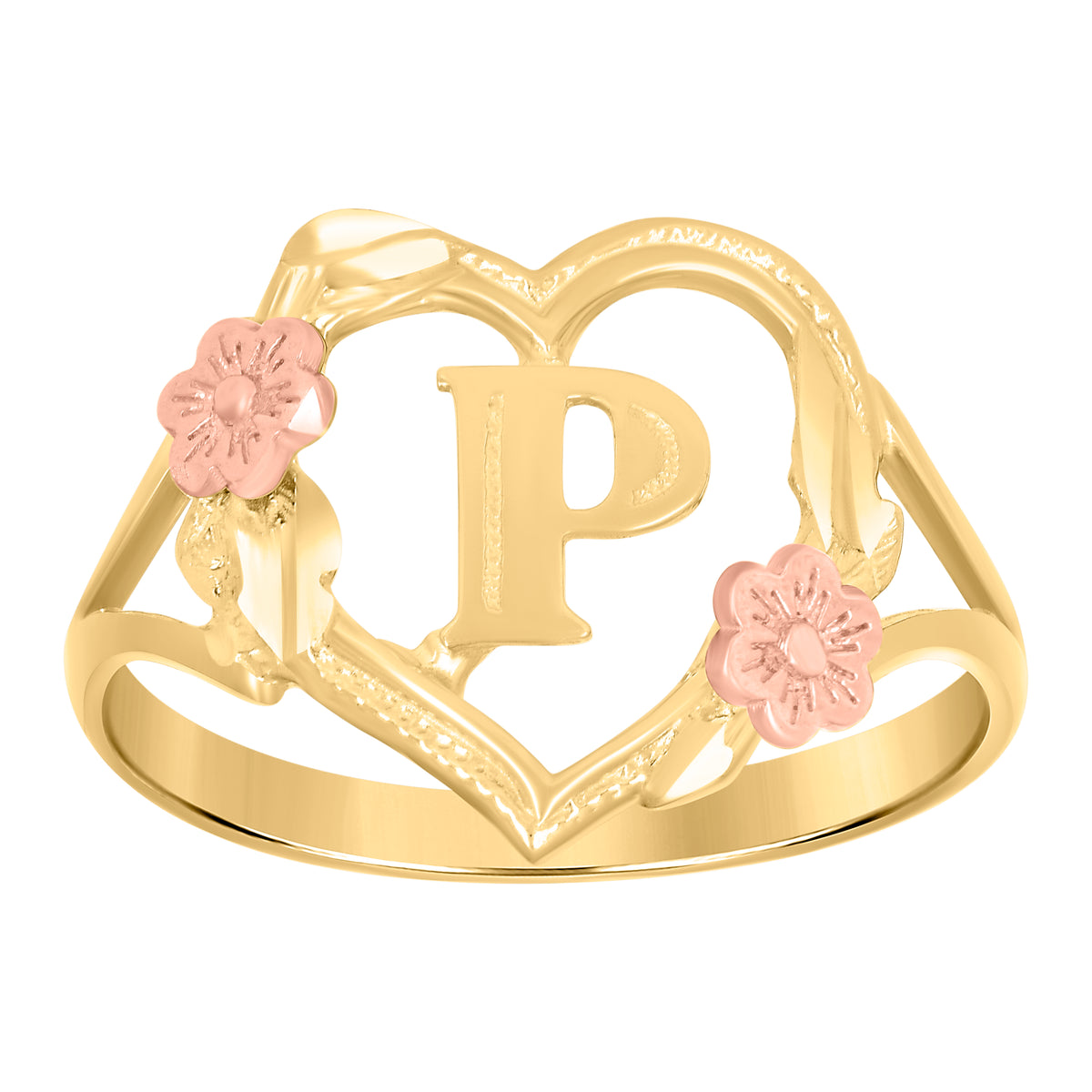 10Kt Two-Tone Gold Womens Dc Textured Initial Letter P Heart Band Ring